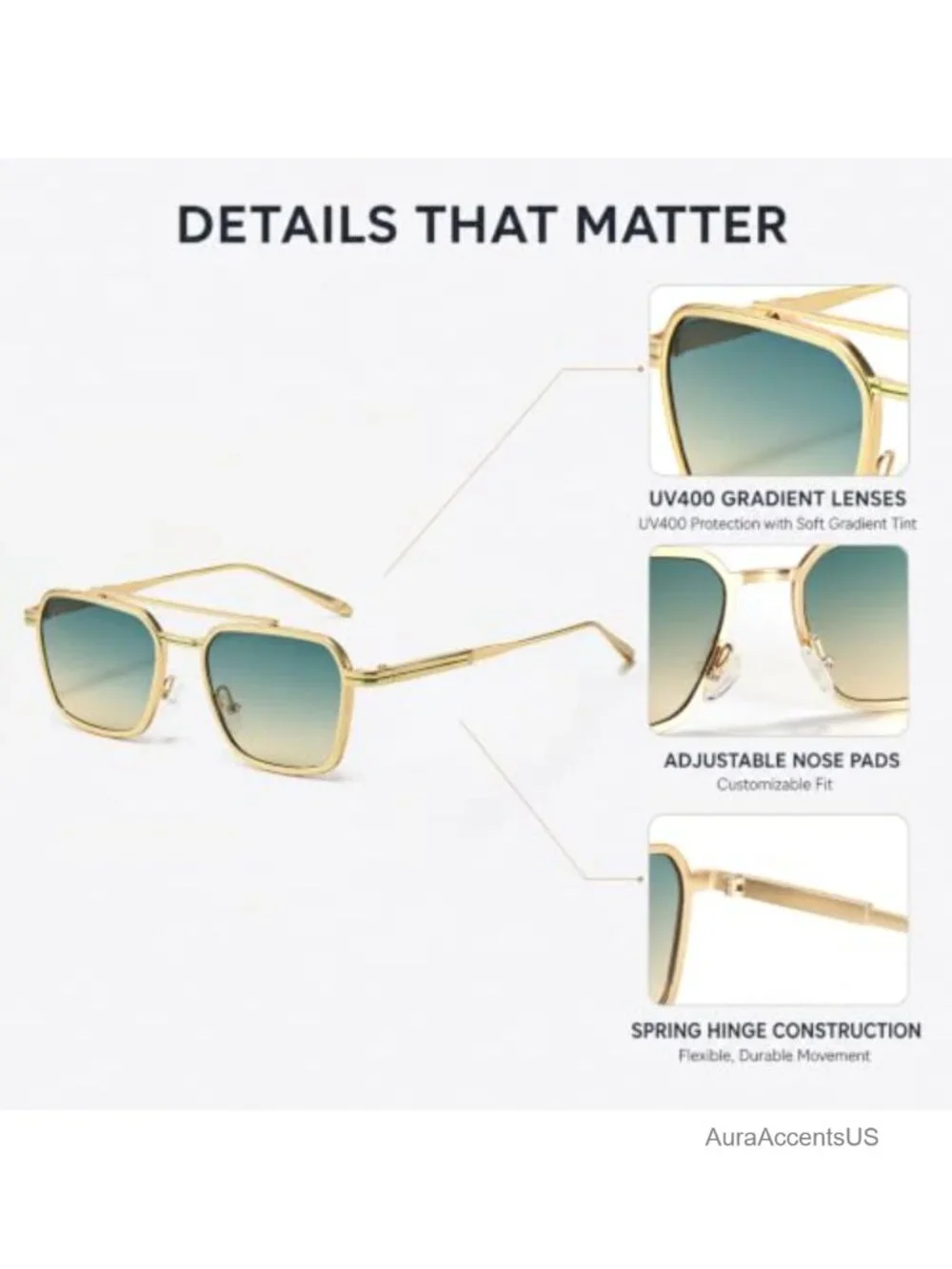 Retro Square Aviator Sunglasses Gold Metal Frame UV400 Unisex